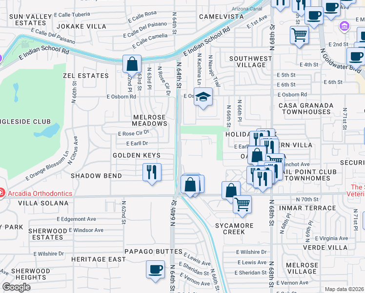 map of restaurants, bars, coffee shops, grocery stores, and more near 46 North 64th Street in Scottsdale