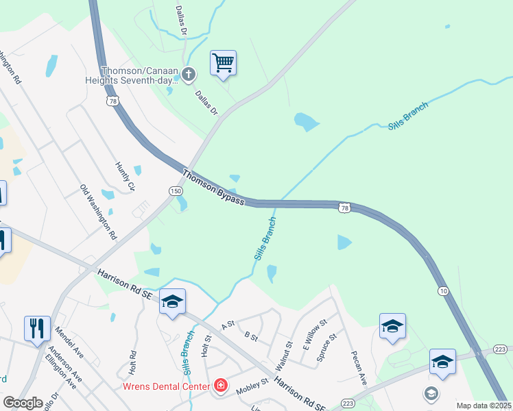 map of restaurants, bars, coffee shops, grocery stores, and more near Thomson Bypass in Thomson