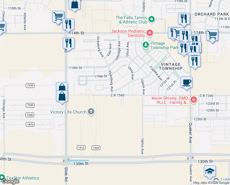 map of restaurants, bars, coffee shops, grocery stores, and more near 4807 120th Street in Lubbock