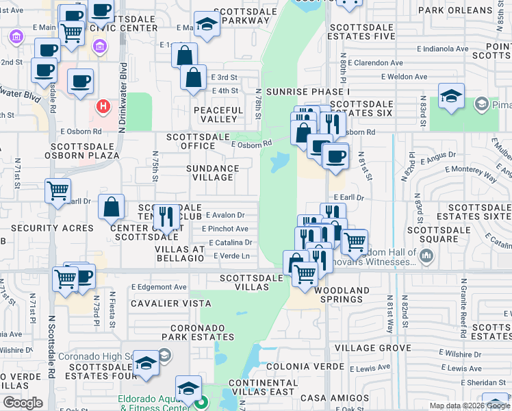 map of restaurants, bars, coffee shops, grocery stores, and more near 524 North 92nd Street in Scottsdale