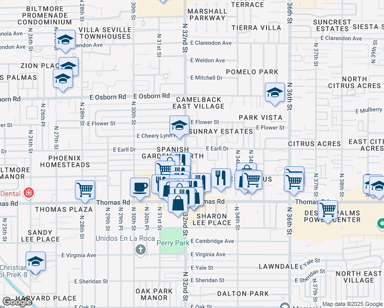 map of restaurants, bars, coffee shops, grocery stores, and more near 3101 North 32nd Street in Phoenix