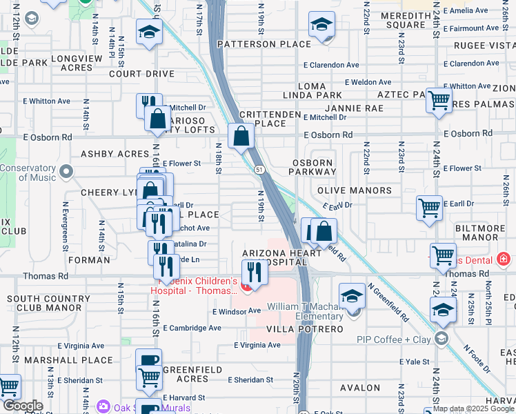map of restaurants, bars, coffee shops, grocery stores, and more near 3201 North 19th Street in Phoenix