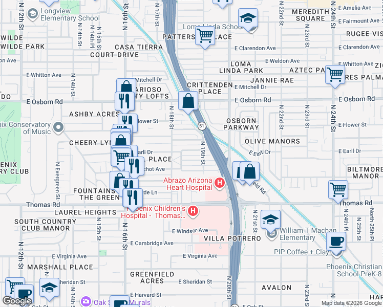 map of restaurants, bars, coffee shops, grocery stores, and more near 1827 East Cheery Lynn Road in Phoenix