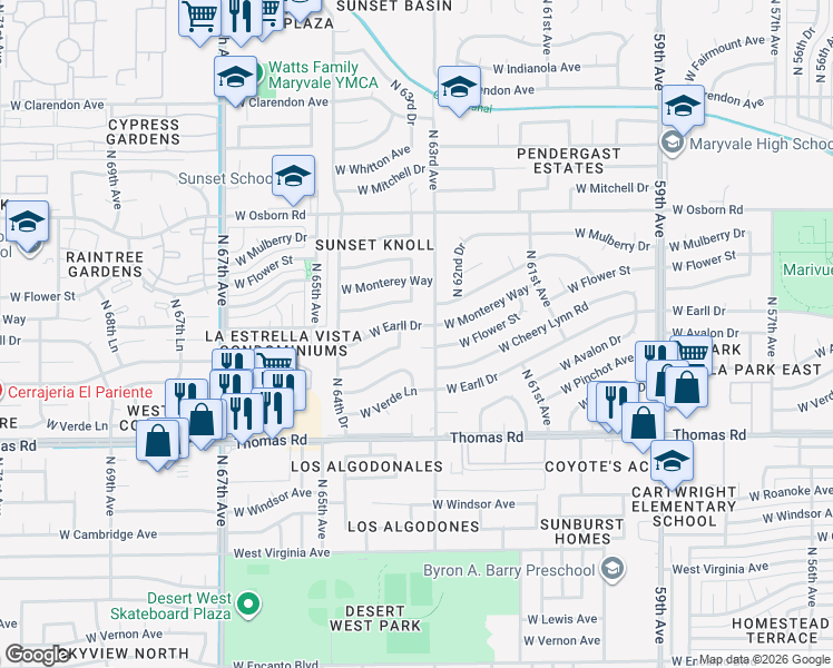 map of restaurants, bars, coffee shops, grocery stores, and more near 3110 North 63rd Avenue in Phoenix