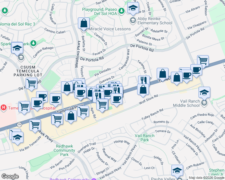 map of restaurants, bars, coffee shops, grocery stores, and more near 43171 Martina Court in Temecula