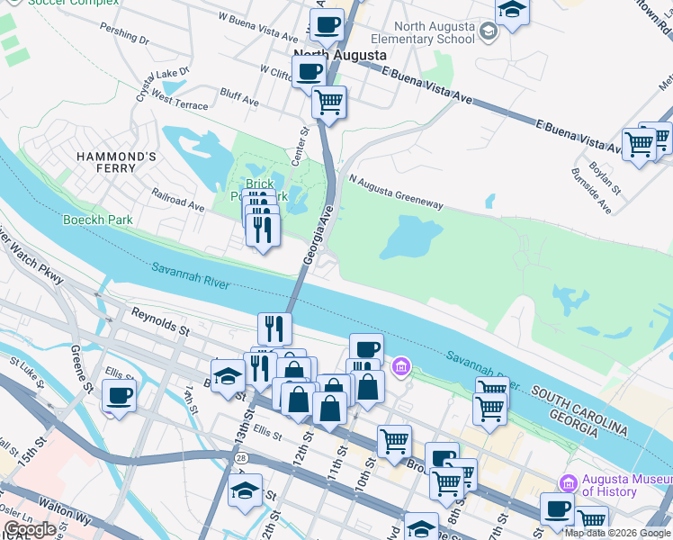 map of restaurants, bars, coffee shops, grocery stores, and more near 338 Landing Drive in North Augusta