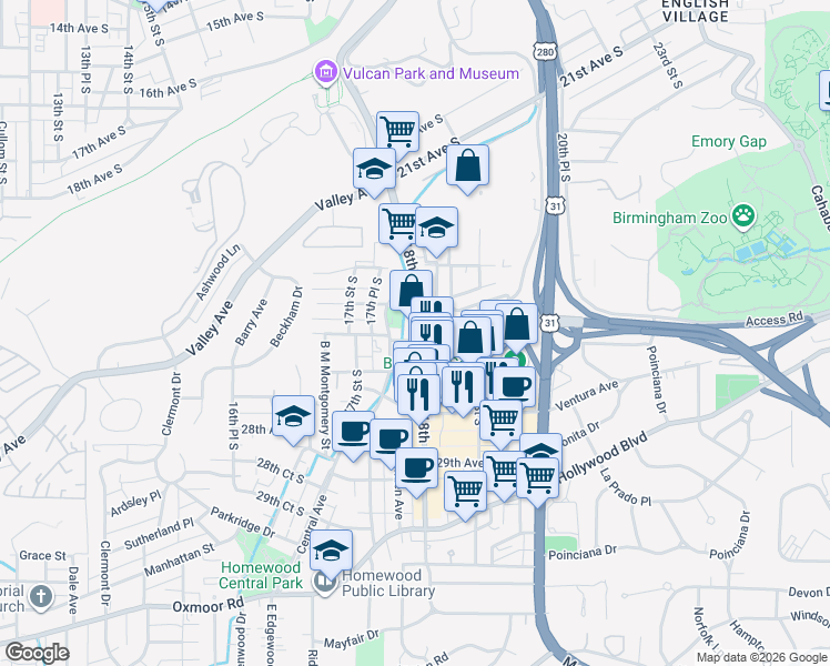 map of restaurants, bars, coffee shops, grocery stores, and more near 1809 Lynn Boulevard in Birmingham