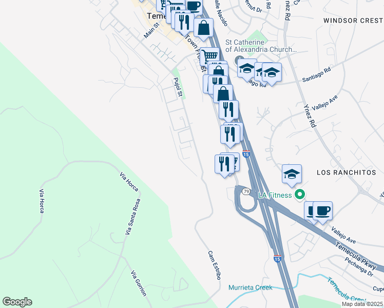map of restaurants, bars, coffee shops, grocery stores, and more near 29575 Pujol Street in Temecula