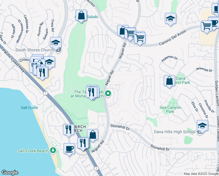 map of restaurants, bars, coffee shops, grocery stores, and more near 15 Tennis Villas Drive in Dana Point