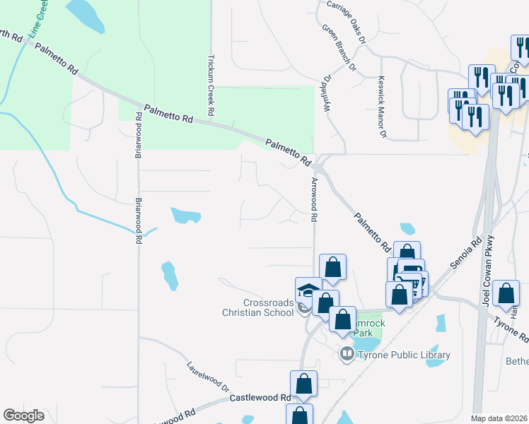 map of restaurants, bars, coffee shops, grocery stores, and more near 140 Valley View Drive in Tyrone