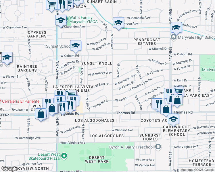 map of restaurants, bars, coffee shops, grocery stores, and more near 3110 North 63rd Avenue in Phoenix