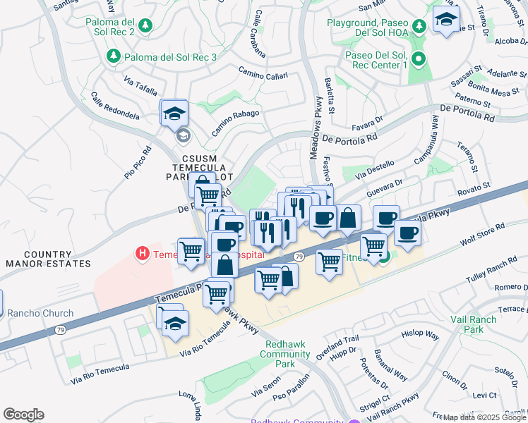 map of restaurants, bars, coffee shops, grocery stores, and more near 31941 Campanula Way in Temecula