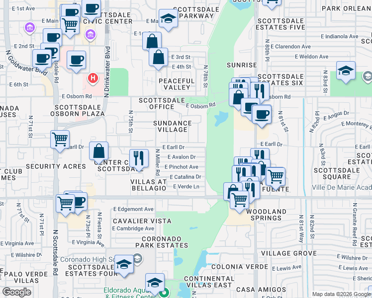 map of restaurants, bars, coffee shops, grocery stores, and more near 7715 East Earll Drive in Scottsdale