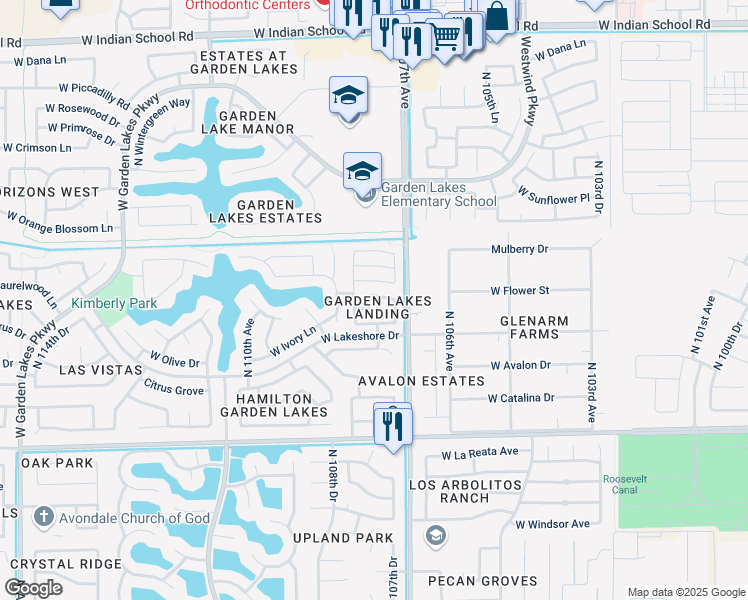 map of restaurants, bars, coffee shops, grocery stores, and more near 10737 West Flower Street in Avondale