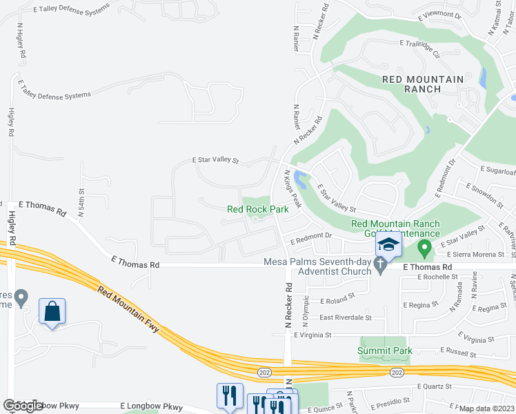 map of restaurants, bars, coffee shops, grocery stores, and more near 3750 North Recker Road in Mesa