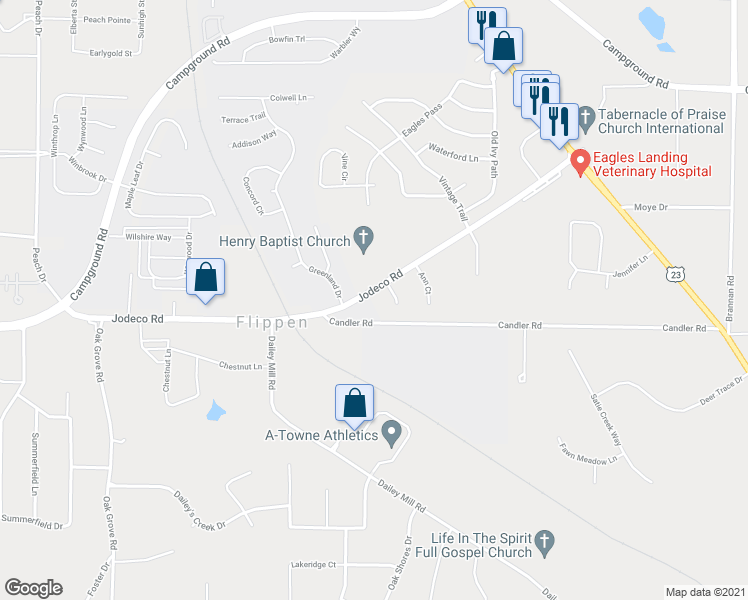 map of restaurants, bars, coffee shops, grocery stores, and more near 4024 Jodeco Road in McDonough
