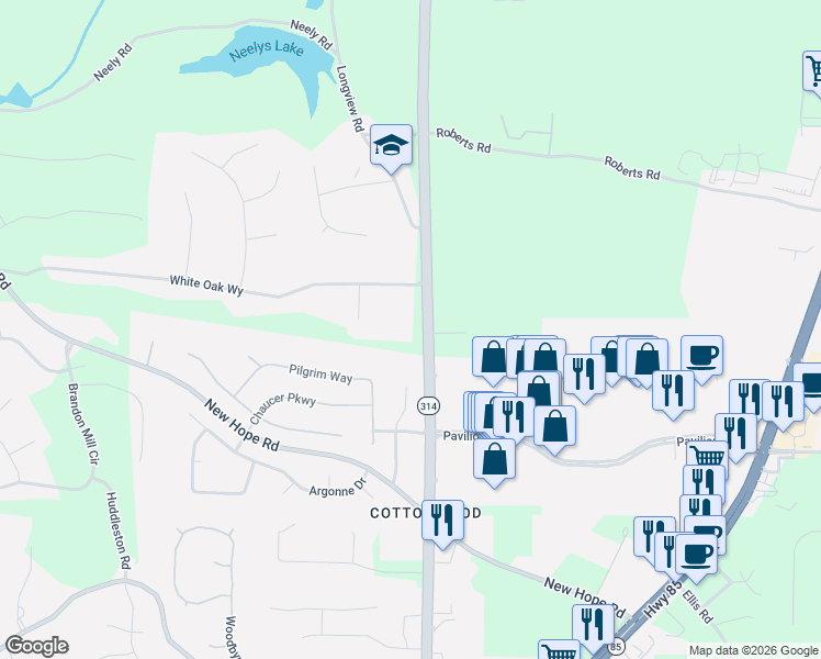 map of restaurants, bars, coffee shops, grocery stores, and more near 392 Georgia 314 in Fayetteville