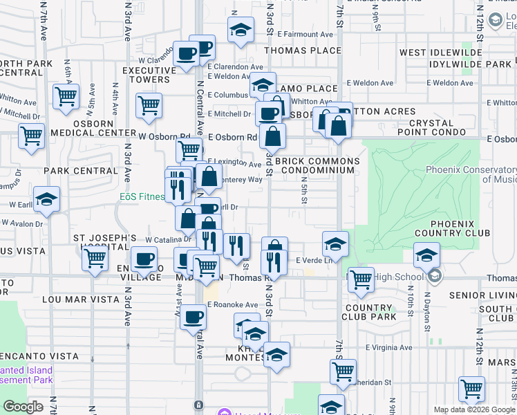 map of restaurants, bars, coffee shops, grocery stores, and more near 3030 North 3rd Street in Phoenix