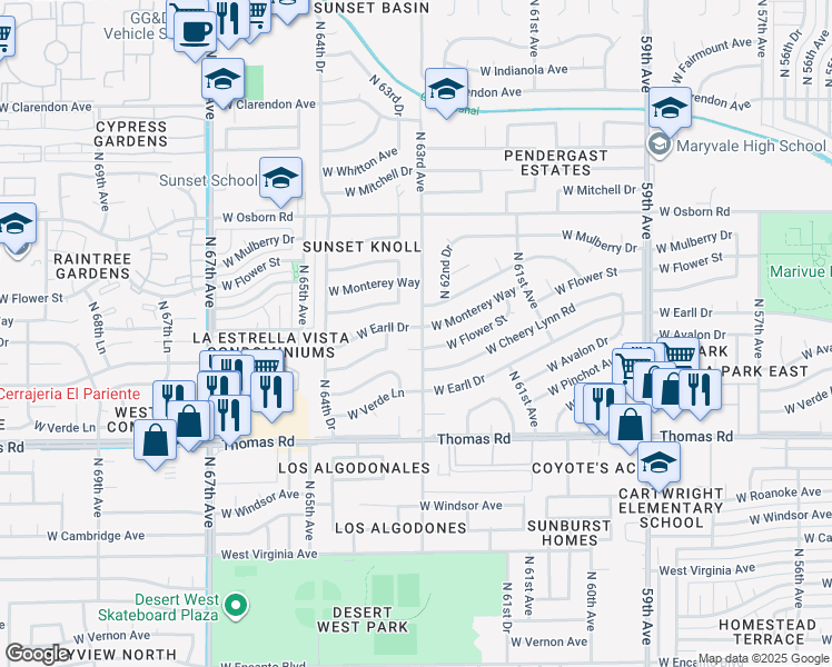 map of restaurants, bars, coffee shops, grocery stores, and more near 3110 North 63rd Avenue in Phoenix