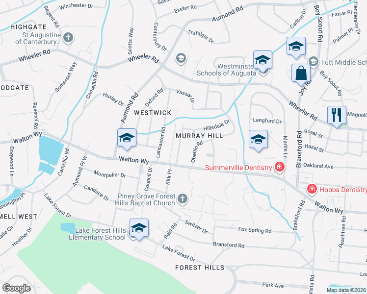 map of restaurants, bars, coffee shops, grocery stores, and more near 750 Malvern Lane in Augusta