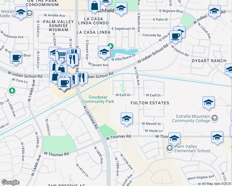 map of restaurants, bars, coffee shops, grocery stores, and more near 3222 North 138th Drive in Avondale