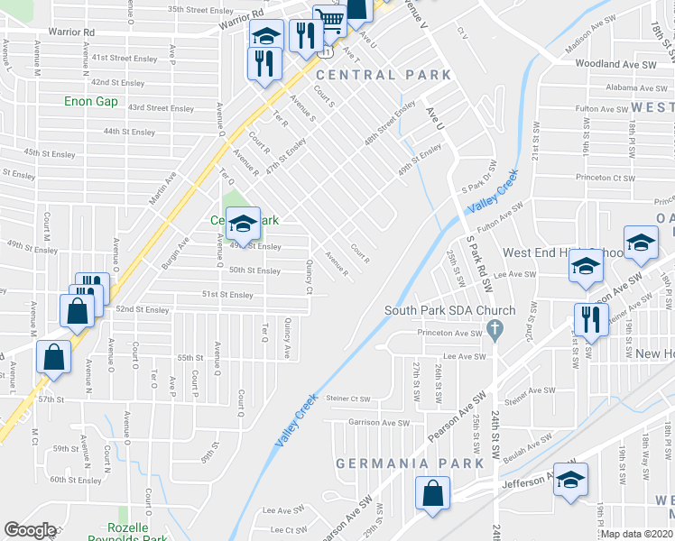 map of restaurants, bars, coffee shops, grocery stores, and more near 4928 Avenue R in Birmingham