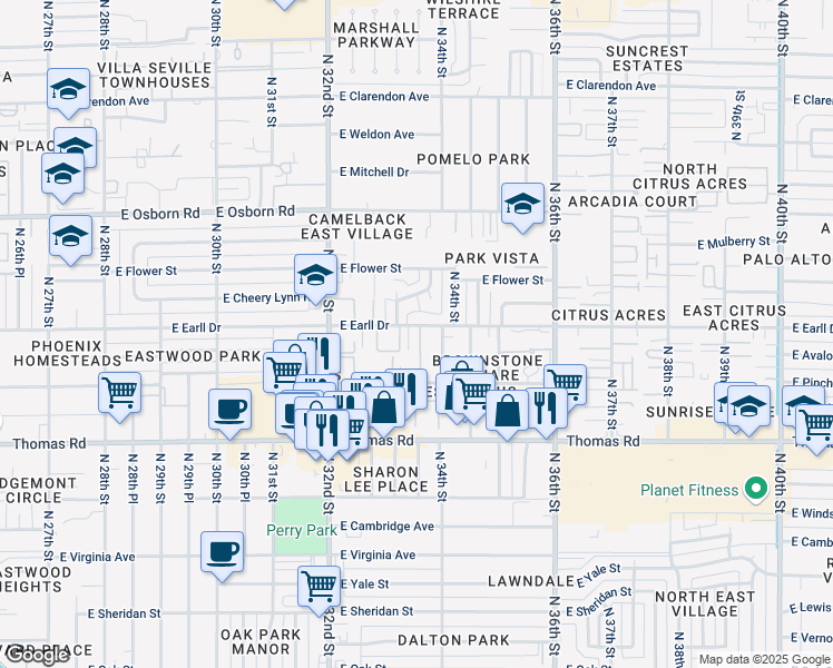 map of restaurants, bars, coffee shops, grocery stores, and more near 3340 East Earll Drive in Phoenix