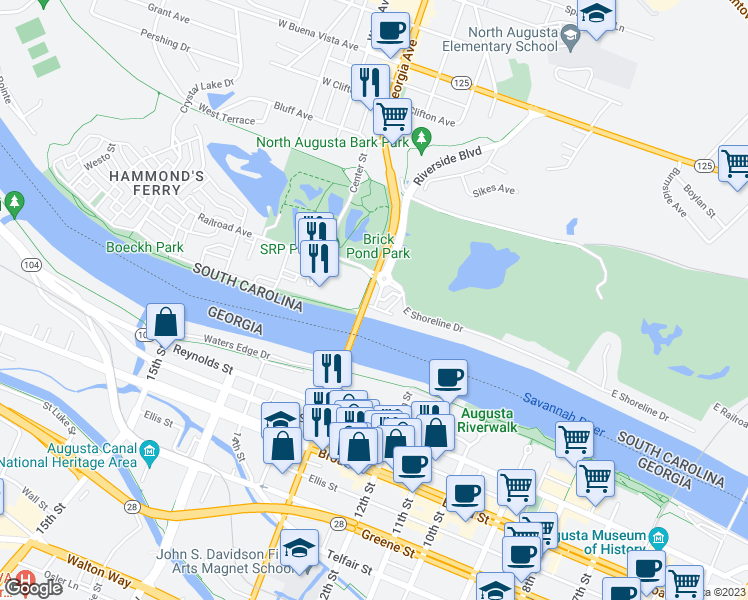 map of restaurants, bars, coffee shops, grocery stores, and more near 144 Landing Drive in North Augusta