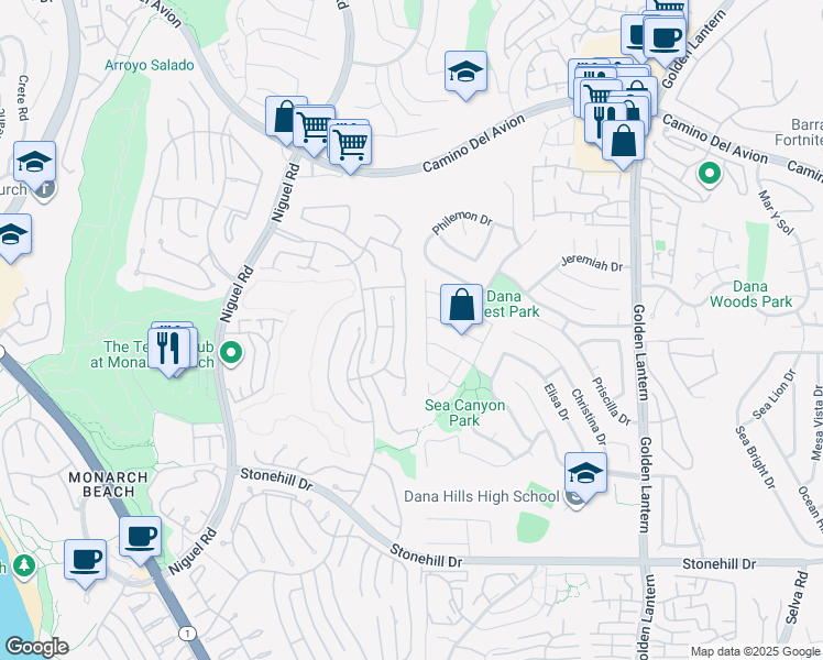 map of restaurants, bars, coffee shops, grocery stores, and more near 30 Saint Michael in Dana Point