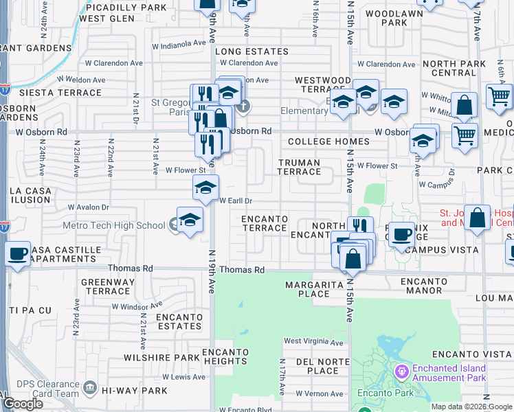 map of restaurants, bars, coffee shops, grocery stores, and more near 1718 West Earll Drive in Phoenix
