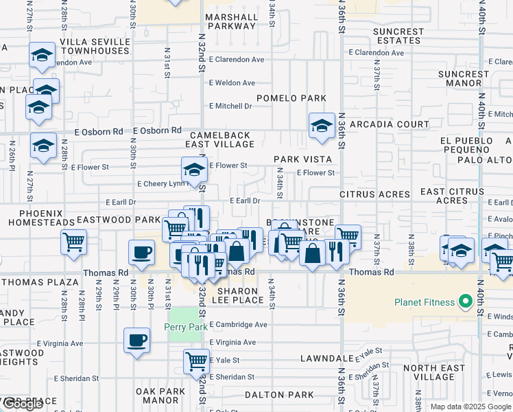 map of restaurants, bars, coffee shops, grocery stores, and more near 3062 North 33rd Place in Phoenix