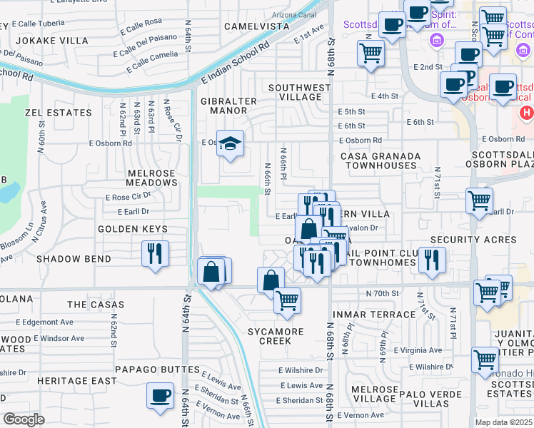 map of restaurants, bars, coffee shops, grocery stores, and more near 3138 North 66th Street in Scottsdale