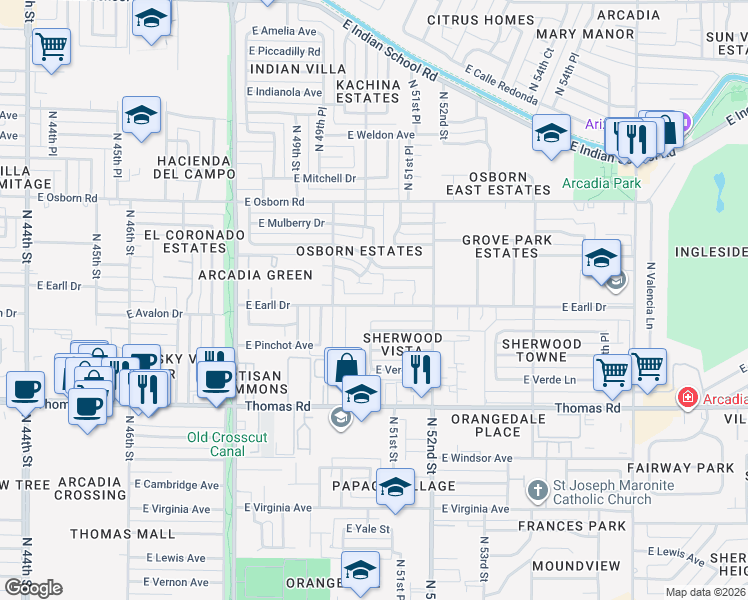 map of restaurants, bars, coffee shops, grocery stores, and more near 5048 East Cheery Lynn Road in Phoenix