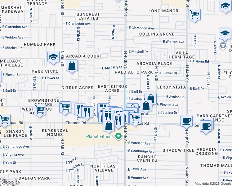 map of restaurants, bars, coffee shops, grocery stores, and more near 3107 North 39th Street in Phoenix