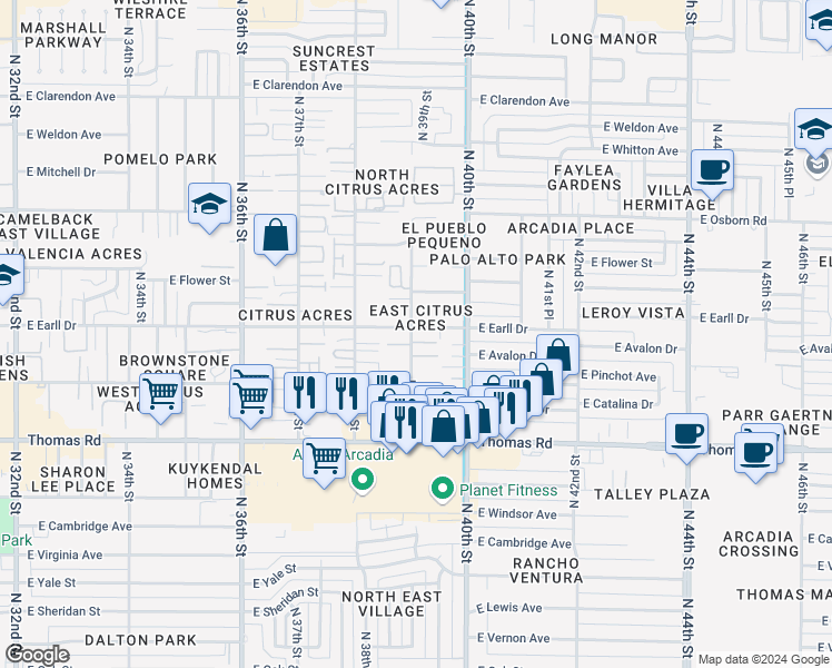 map of restaurants, bars, coffee shops, grocery stores, and more near 3107 North 39th Street in Phoenix