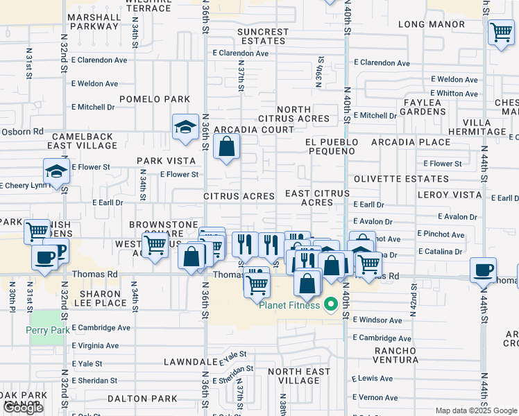 map of restaurants, bars, coffee shops, grocery stores, and more near 3726 East Earll Drive in Phoenix