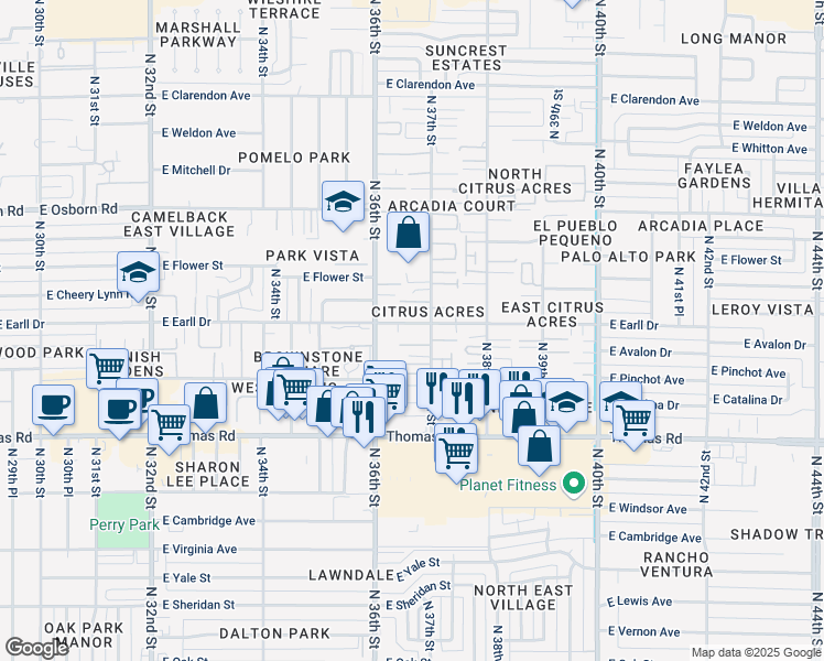 map of restaurants, bars, coffee shops, grocery stores, and more near 3101 North 36th Street in Phoenix