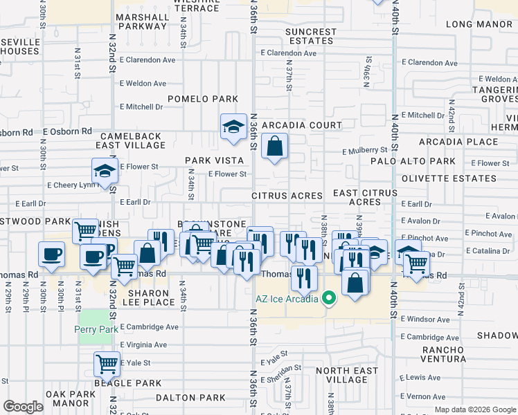 map of restaurants, bars, coffee shops, grocery stores, and more near 3101 North 36th Street in Phoenix