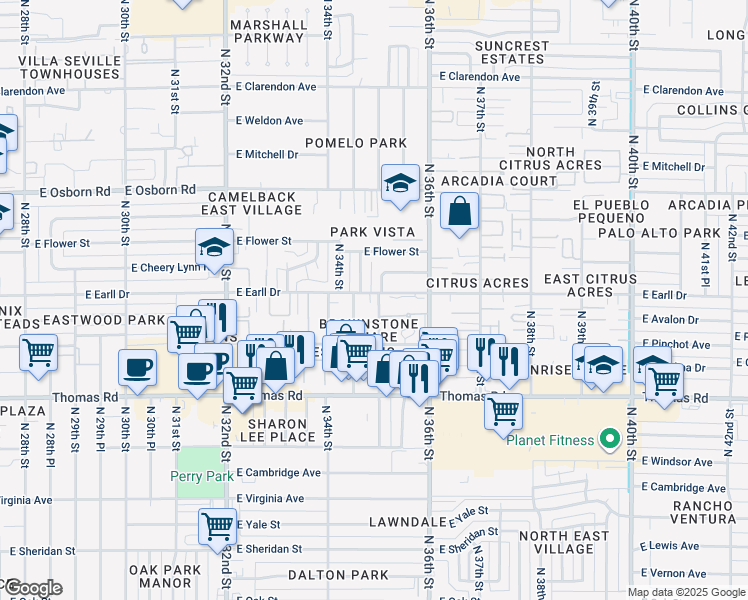 map of restaurants, bars, coffee shops, grocery stores, and more near 3106 North 35th Street in Phoenix