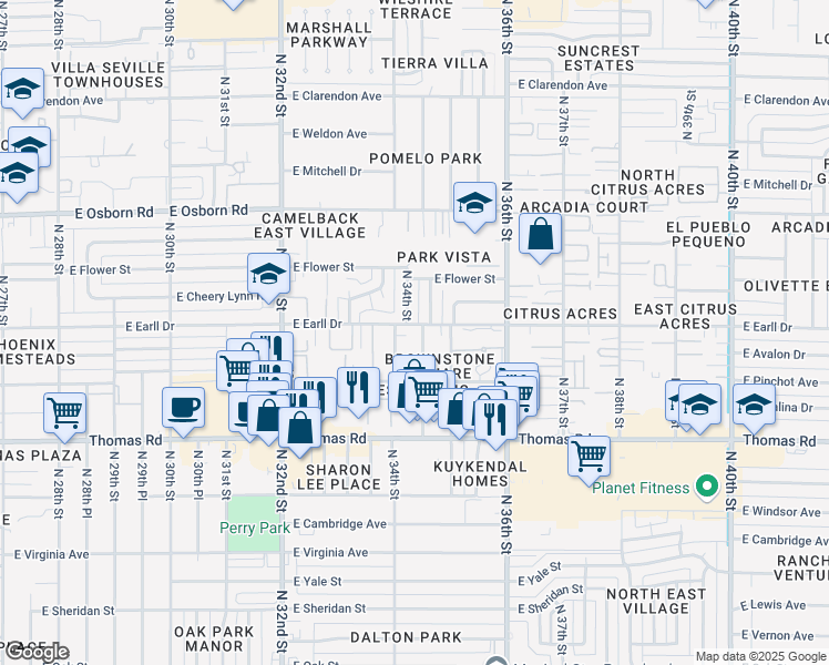 map of restaurants, bars, coffee shops, grocery stores, and more near 3105 North 34th Street in Phoenix