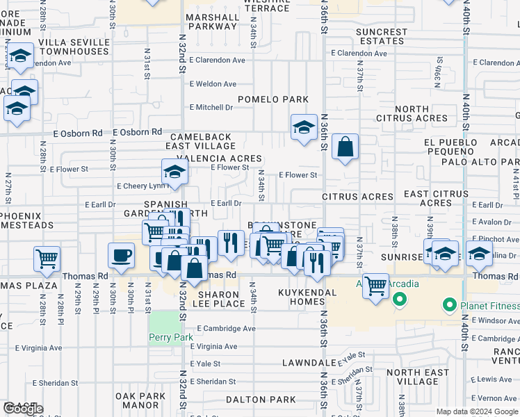 map of restaurants, bars, coffee shops, grocery stores, and more near 3105 North 34th Street in Phoenix