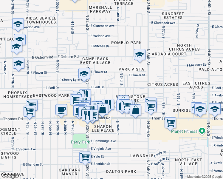 map of restaurants, bars, coffee shops, grocery stores, and more near 3340 East Earll Drive in Phoenix