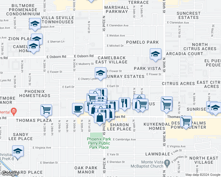 map of restaurants, bars, coffee shops, grocery stores, and more near 3101 North 32nd Street in Phoenix