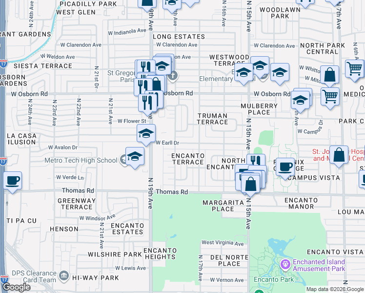 map of restaurants, bars, coffee shops, grocery stores, and more near 1718 West Earll Drive in Phoenix
