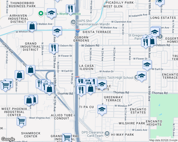 map of restaurants, bars, coffee shops, grocery stores, and more near 3049 North 24th Lane in Phoenix
