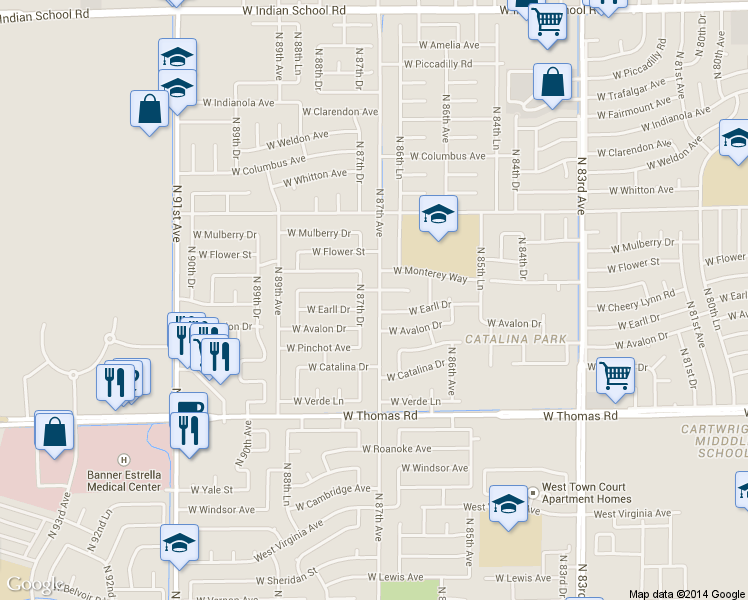 map of restaurants, bars, coffee shops, grocery stores, and more near 8668 West Cheery Lynn Road in Phoenix