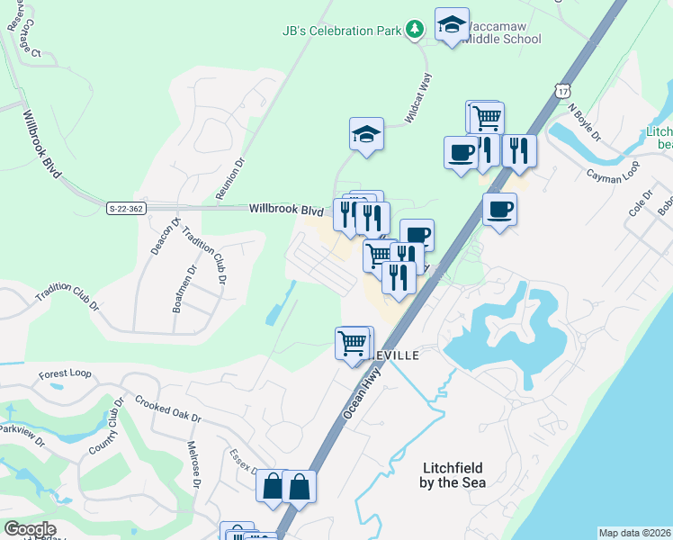 map of restaurants, bars, coffee shops, grocery stores, and more near 9 Lumbee Circle in Pawleys Island