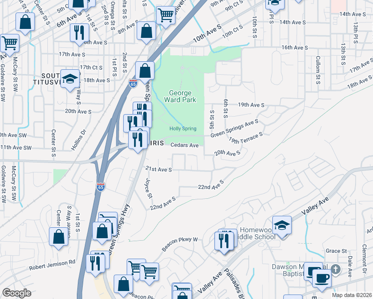 map of restaurants, bars, coffee shops, grocery stores, and more near 333 Cedars Avenue in Birmingham