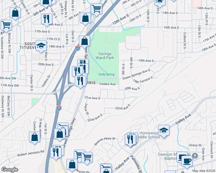 map of restaurants, bars, coffee shops, grocery stores, and more near 333 Cedars Avenue in Birmingham