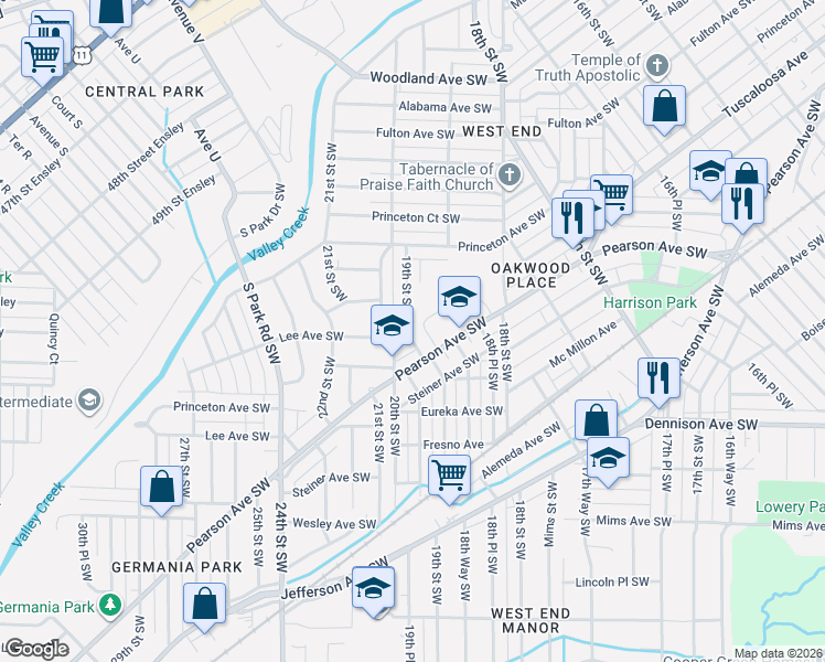 map of restaurants, bars, coffee shops, grocery stores, and more near 557 19th Street Southwest in Birmingham